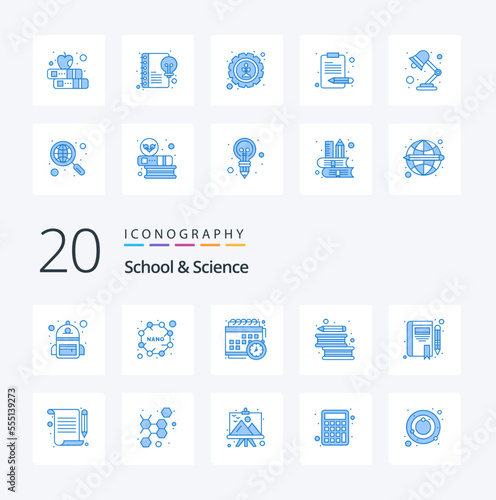 20 School And Science Blue Color icon Pack like story pen calendar literature books