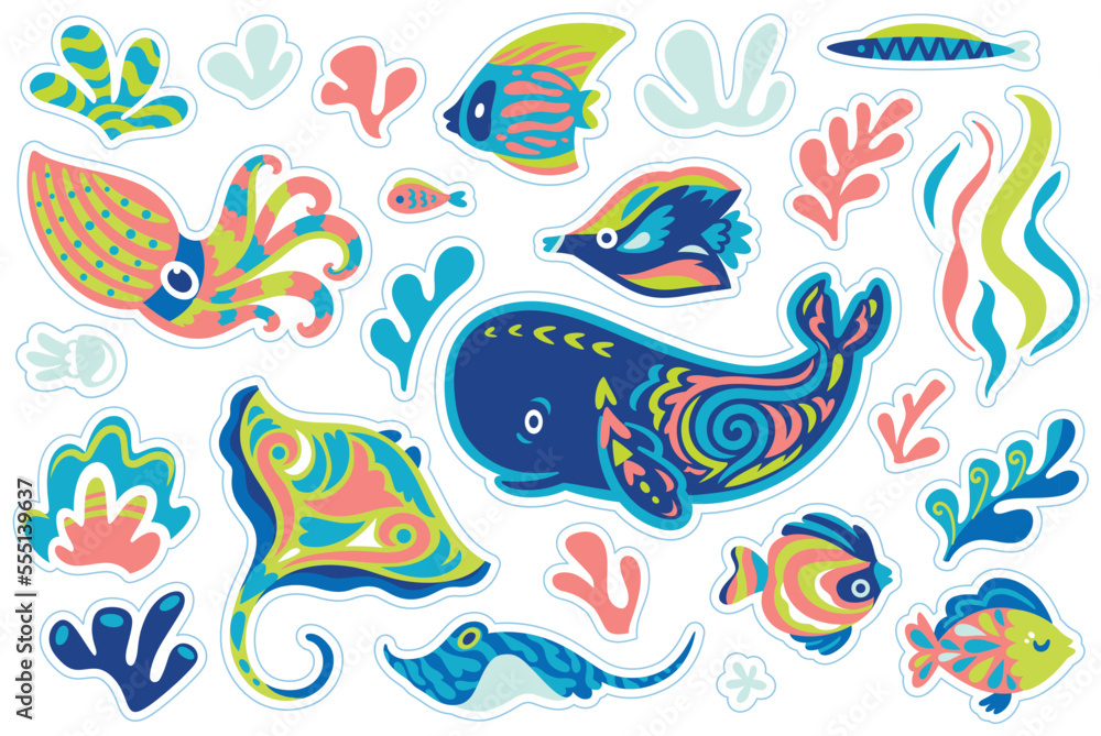Sticker set of hand drawn sea animals in decorative ethnic style Sticker set of hand drawn sea animals in decorative ethnic style