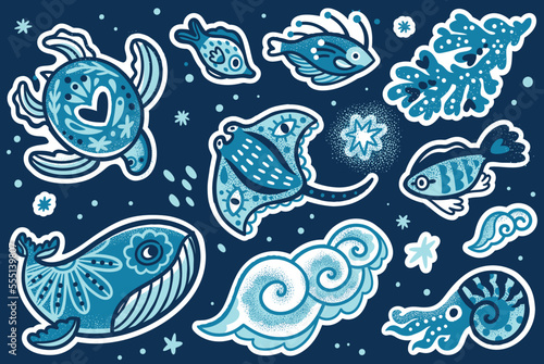 Sticker set of ten blue sea animals in hand drawn style © penguin_house