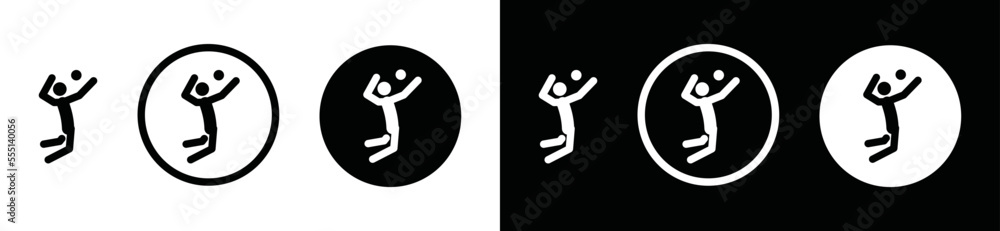 Volleyball icon vector. Volleyball sport icon. Simple person hitting or smashing a volleyball sign in black and white circle for sports app and websites, symbol illustration Volleyball icon vector. Volleyball sport icon. Simple person hitting or smashing a volleyball sign in black and white circle for sports app and websites, symbol illustration
