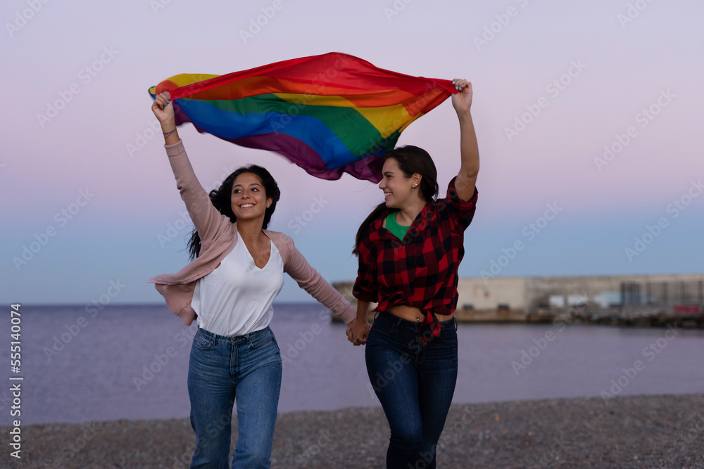 Beautiful lesbian young couple embraces and holds a rainbow flag. Girls enjoy at the beach..