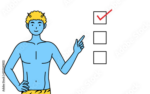 チェックリストを指さすトラ柄パンツをはいた青鬼の男性、伝統行事、節分