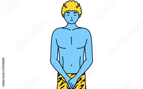 軽く会釈（お辞儀）をするトラ柄パンツをはいた青鬼の男性、伝統行事、節分