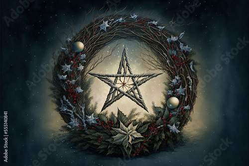 Pentagram Pentacle Wiccan Pagan Wreath with Star in the Middle Holiday style Greeting Card Generative AI photo