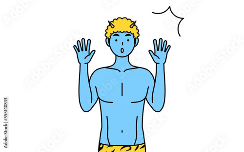 驚いて手を上げるトラ柄パンツをはいた青鬼の男性、伝統行事、節分