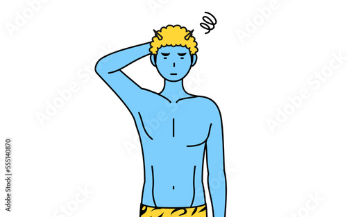 困って頭をかくトラ柄パンツをはいた青鬼の男性、伝統行事、節分