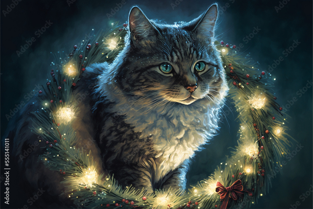 Cat in Winter Wreath at Night with Twinkle Lights Holiday Greeting Card style Painting Generative AI