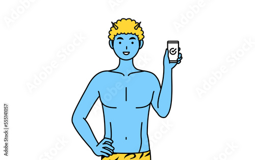 仕事でスマホを使うトラ柄パンツをはいた青鬼の男性、伝統行事、節分