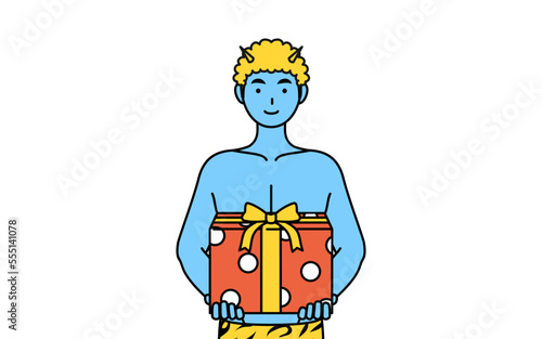 プレゼントの箱を持つトラ柄パンツをはいた青鬼の男性、伝統行事、節分