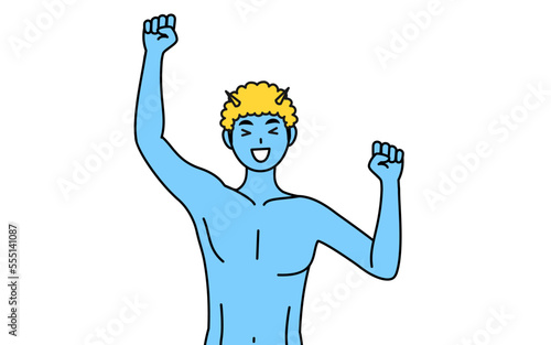 笑顔でジャンプするトラ柄パンツをはいた青鬼の男性、伝統行事、節分