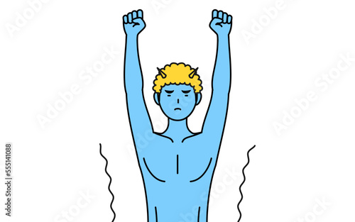 ストレッチで背伸びするトラ柄パンツをはいた青鬼の男性、伝統行事、節分