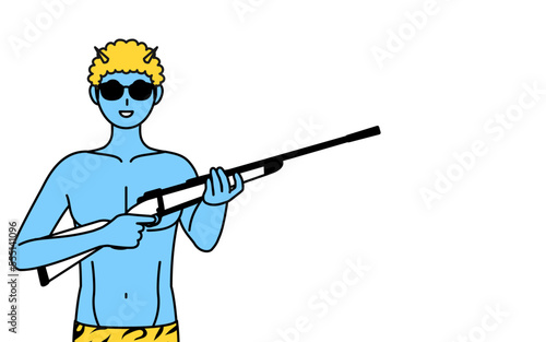 サングラスをかけてライフル銃を持つトラ柄パンツをはいた青鬼の男性、伝統行事、節分