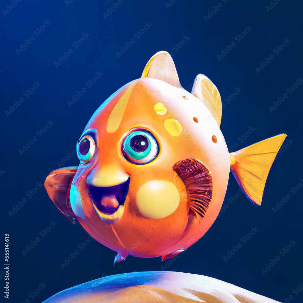 Naklejka premium Bubbles come out of the mouth of the yellow fish.. Fun drawing of cartoon fish. Digital drawing. 3D illustration.