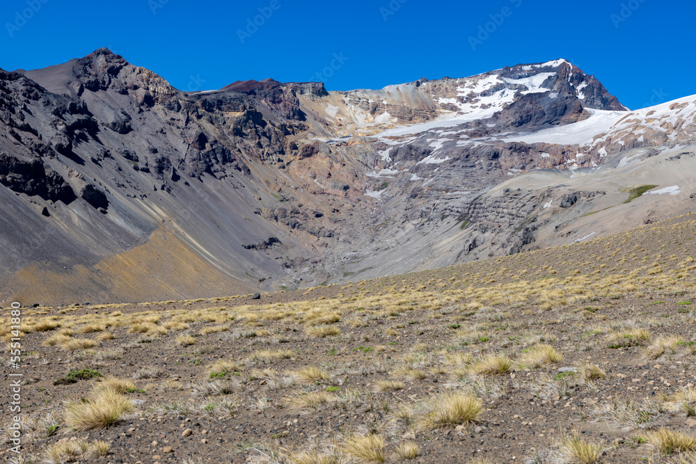 View of the breathtaking landscape at Paso Vergara / Paso del Planchón in Argentina while climbing up to the complex of the three volcanos Azufre, Peteroa and Planchón 