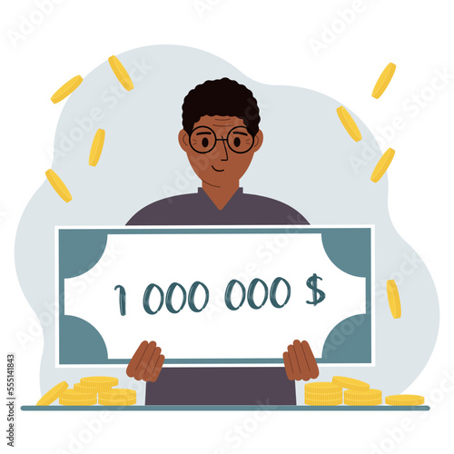 Jackpot, the concept of winning cash money. Happy smiling man holding a certificate for one million dollars in his hands. Feeling excited, celebrating a win.