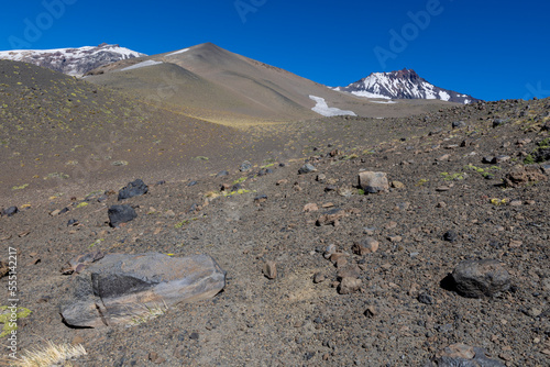 View of the breathtaking landscape at Paso Vergara   Paso del Planch  n in Argentina while climbing up to the complex of the three volcanos Azufre  Peteroa and Planch  n 