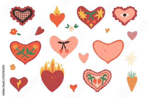 Valentine s Day hearts clipart set. Decorated hearts with flowers and cherry  flaming  funny carrot heart  odd with eye.