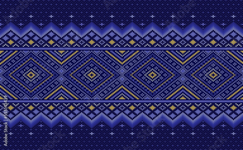 Cross stitch ethnic pattern, Vector Knitted ornament background, Embroidery seamless square style, Blue and yellow pattern Moroccan handcraft on knitted purple background, Design for textile, batik
