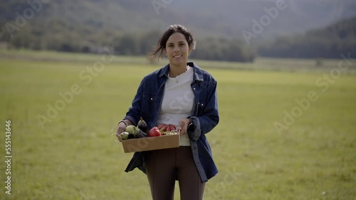 Pretty smiling woman walking in a green field with a basket of fresh vegetables and fruit collected on small local farm, bringing groceries to the market. Concept of organic food and healthy diet