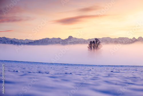 misty sunset with Stockhorn ridge in the distance in winter © schame87