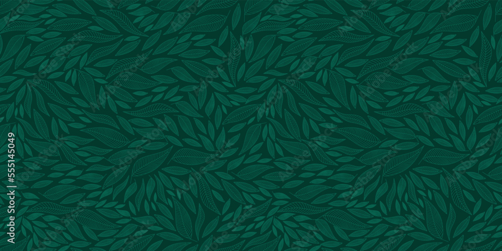 Vector illustration. Background pattern of leaves on a green background. Background for the site, invitations, postcards, for packaging, product design.