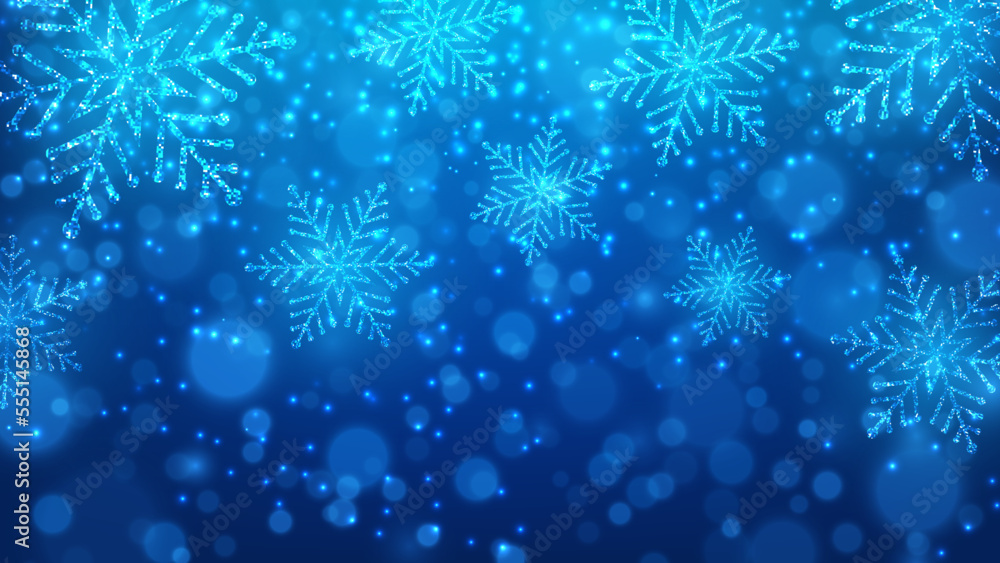 Blue background with glowing snowflakes. Christmas and New Year banner. Vector illustration