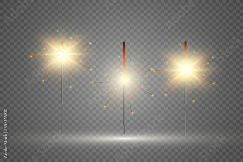 	
Magical light. Sparkler. Candle sparkling on the background. Realistic vector light effect. Winter, seasonal christmas decoration illustration.
