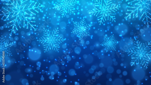 Blue background with glowing snowflakes. Christmas and New Year banner. Vector illustration