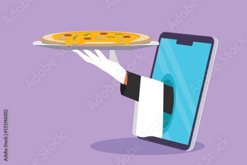 Cartoon flat style drawing hands out of smartphone screen with tray open to serve delicious Italian pizza. Digital app order. Online food delivery service concept. Graphic design vector illustration