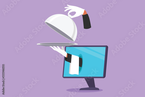Graphic flat design drawing hands out of monitor computer screen with open empty tray to serve food. Order food digital with internet app. Online delivery service. Cartoon style vector illustration