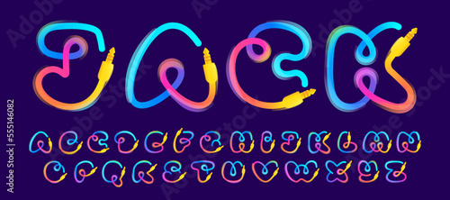 Alphabet set made of vivid gradient line wires with mini jacks icons and rainbow shine.