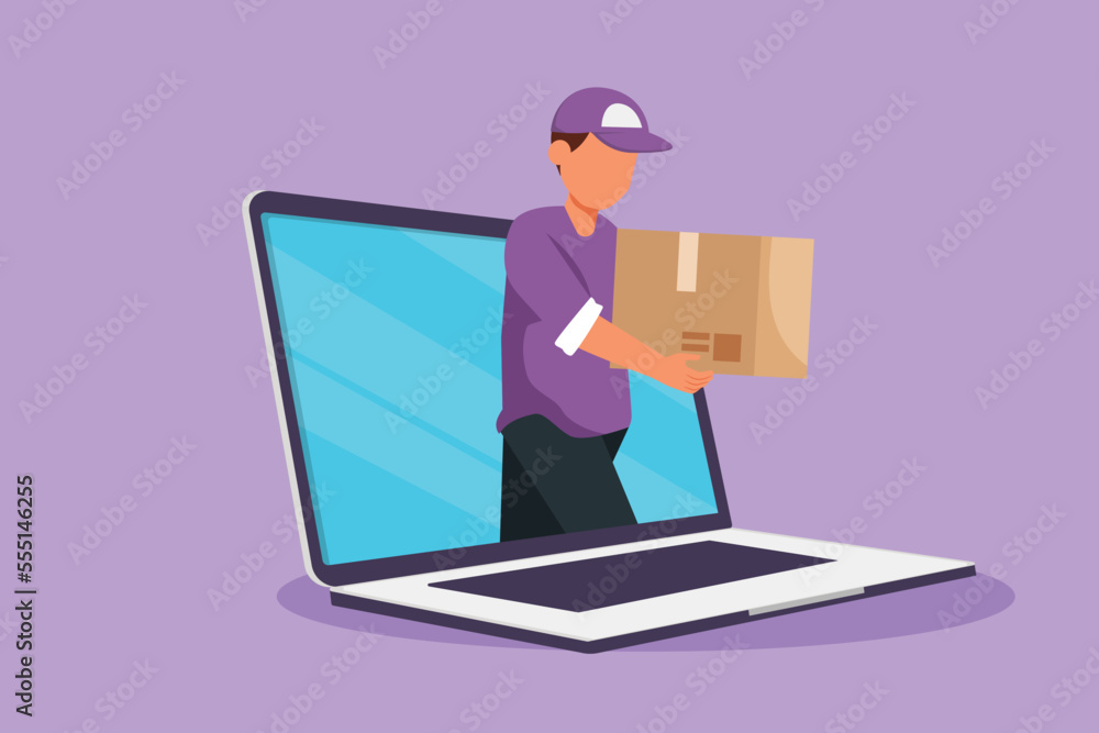 Cartoon flat style drawing male courier delivers box package and through laptop computer screen. Online delivery service technology. Fast delivery parcel metaphor. Graphic design vector illustration Cartoon flat style drawing male courier delivers box package and through laptop computer screen. Online delivery service technology. Fast delivery parcel metaphor. Graphic design vector illustration