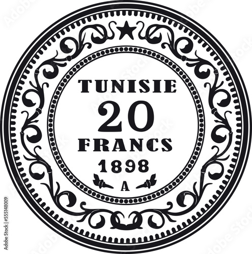 Tunisia coin 20 franc gold coin handmade vector silhouette