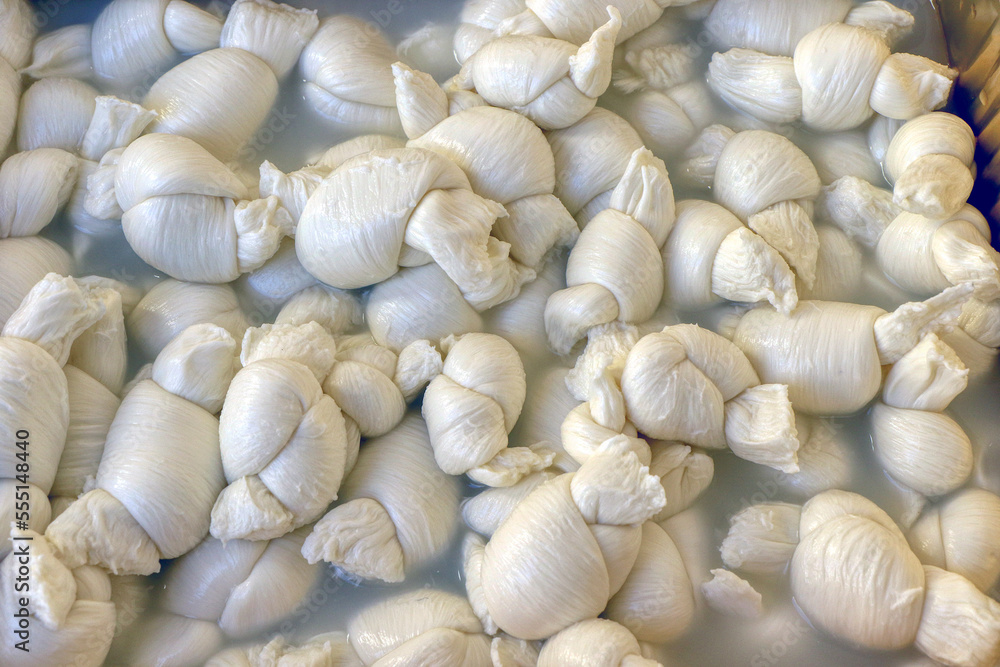 Tray of knots, a type of mozzarella from Puglia, Southern Italy