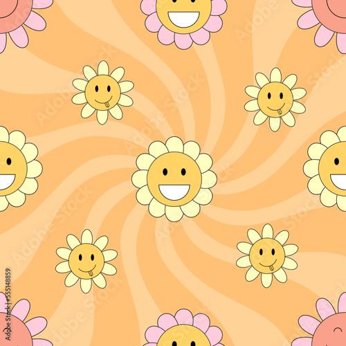 Groovy pattern with vintage daisy 70s, 60s lsd elements vector. Psychedelic, craisy floral background with camomile smiling faces.