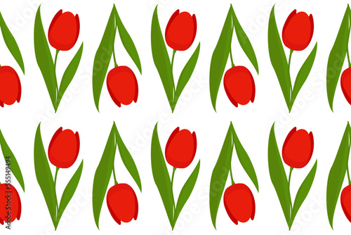 Seamless pattern with Red tulip on green stem with leaves. Template for greeting cards, banners, fabrics, packaging, paper for Valentine's Day, Birthday, wedding. Vector illustration. Cartoon style