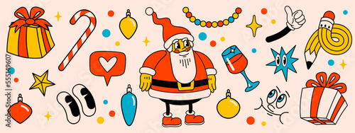 Merry Christmas and Happy New year pack of trendy retro cartoon characters. G...