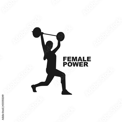 Female weightlifter black silhouette. Bodybuilder logo. Fitness icon, sign or symbol. Simple vector illustration.
