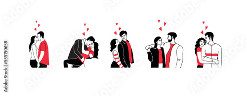 Valentines day concept, icon set of couples in love over white background, colorful minimalistic simple design, vector illustration