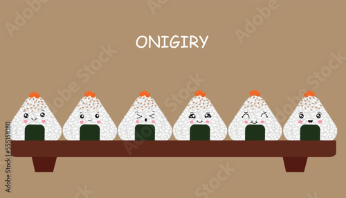 Vector illustration of Onigiri in the style of kawaii. Japanese fast food made of rice with a filling formed in the form of a triangle of nori seaweed