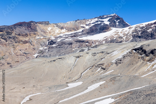 View of the breathtaking landscape at Paso Vergara / Paso del Planchón in Argentina while climbing up to the complex of the three volcanos Azufre, Peteroa and Planchón 