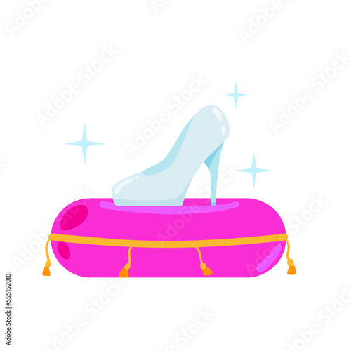 Crystal slipper on red pillow.