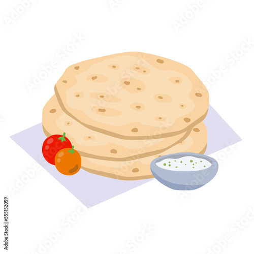 Pita bread with sauce and cherry tomatoes.