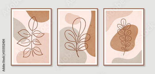 Botanical wall art vector set. Foliage line art drawing with abstract shape. Abstract Plant Art design for print, cover, wallpaper, Minimal and natural wall art. Vector illustration.