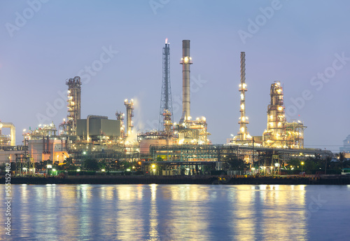 Oil gas refinery plant. May called petroleum, production or petrochemical plant. Industrial factory construction from engineering technology with steel pipe, pipeline, tank. Business for power energy. © DifferR