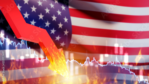 Falling chart USA flag. Crisis infographic in America. Financial problems in USA. Down arrow symbolizes financial recession. Economic collapse in USA. Default, bankruptcy, crisis. 3d rendering.