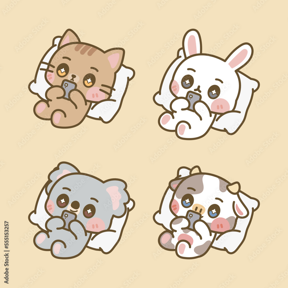 Fototapeta premium CUTE KAWAII ANIMALS PILLOW CHAT CELLPHONE