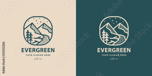 Evergreen mountain pine trees forest vintage retro hipster Logo design