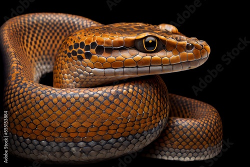 Close-up snake isolated on black background. Generative AI