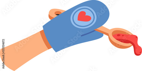 Hand in kitchen glove hold spoon with spices flat icon